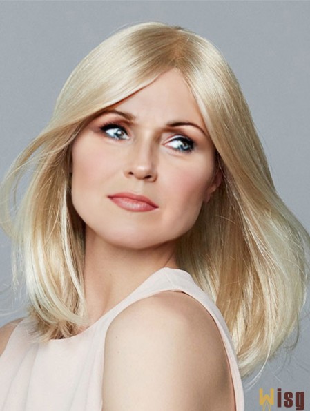 Without Bangs Synthetic Blonde Straight Natural Monofilament Wigs Medium Length