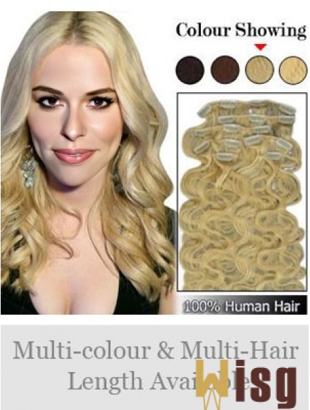 Designed Blonde Wavy Remy Human Hair Clip In Hair Extensions