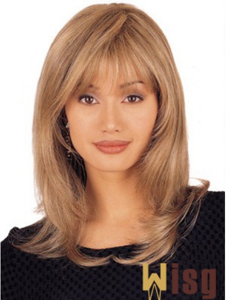 Straight Human Hair Lace Wigs Shoulder Length Blonde Color Layered Cut