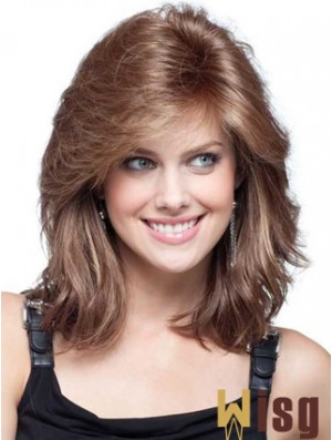 Flexibility Auburn Wavy Shoulder Length Remy Human Lace Front Mono Wigs