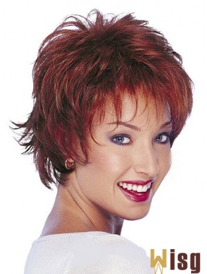 Human Hair Natural Wavy Wigs With Capless Short Length Red Color