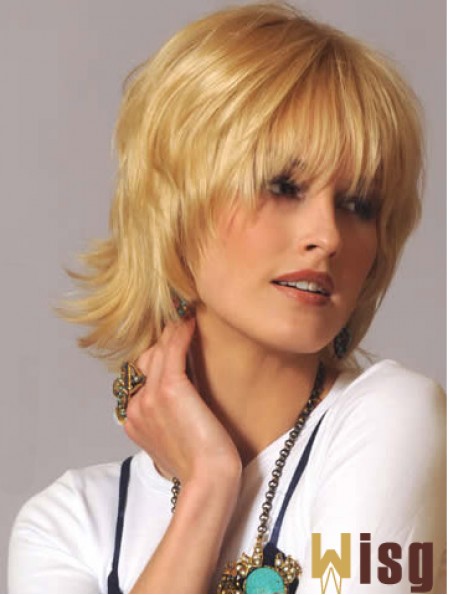 Human Hair Wavy Wigs Blonde Color Wavy Style With Capless