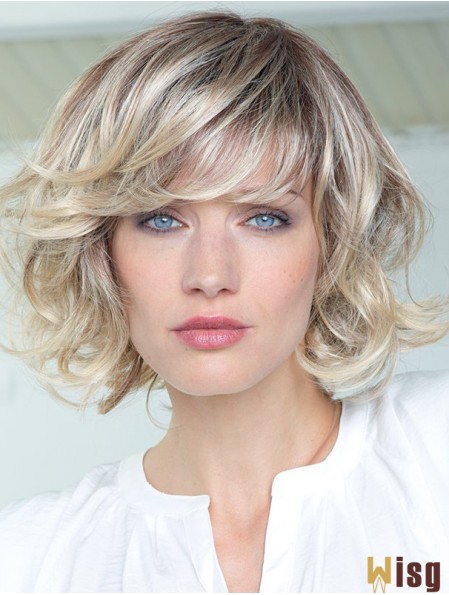 Human Hair Blonde Curly Wigs With Bangs Monofilament