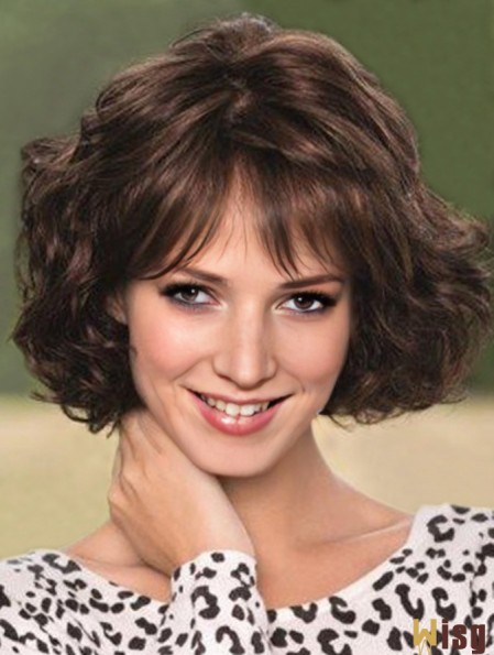 Lace Wig With Bangs Wavy Style Chin Length Brown Color