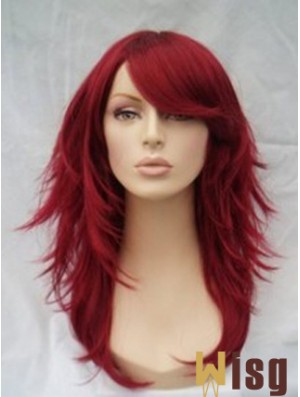 Red Human Hair Wigs Full Wig With Bangs Wavy Style Shoulder Length