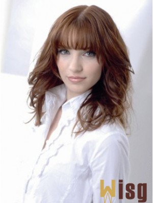 Wavy Human Hair Wig Medium Auburn Color Shoulder Length With Bangs