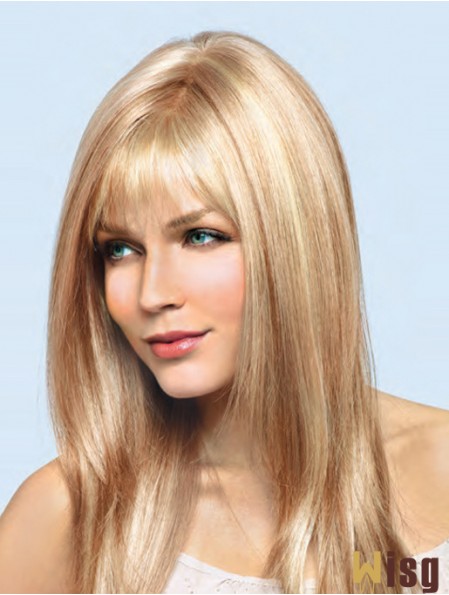 16 inch Blonde Remy Human Straight With Bangs Hand Tied Lace Wigs