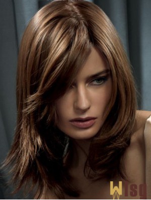 Long Brown Wavy Human Hair Wig With Capless Straight Style