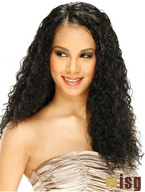 Human Hair Lace Front Wig Curly Style Long Length Black Color