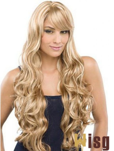 Long 100% Hand Tied Wavy With Bangs Monofilament Lace Front Wigs