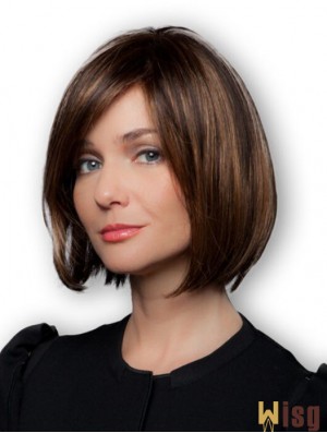 Brown Bob Wigs Remy Human Chin Length 100% Hand Tied Straight Style