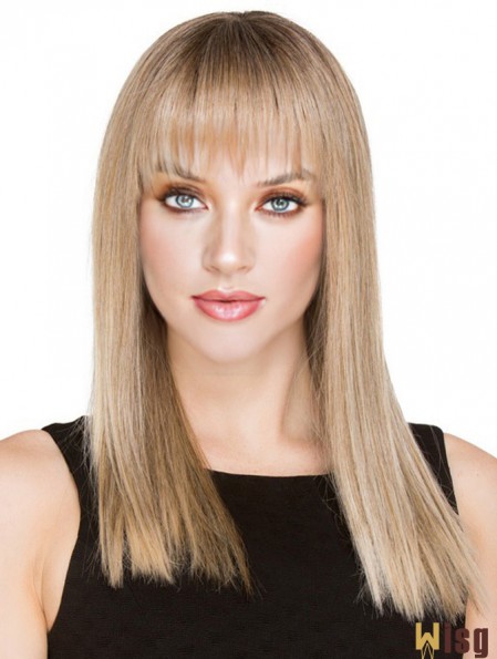 Blonde Long Human Hair Monofilament Wigs With Fringe With Bangs For Women