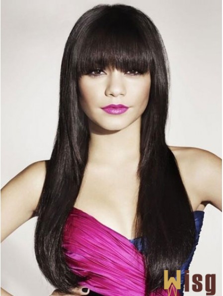 Black Human Hair With Bangs Long Length Straight Style