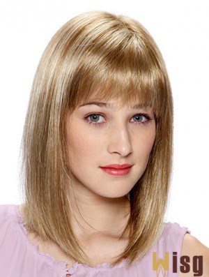 Lace Front Human Hair Wigs Blonde Color Shoulder Length With Bangs