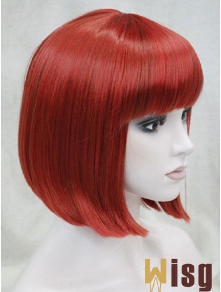 Human Hair Lace Front Wig Chin Length With Bangs Red Color