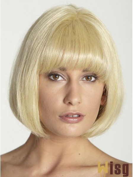 Blonde Straight Chin Length Bobs 100% Hand-tied Cheap Human Hair Wigs With Bangs