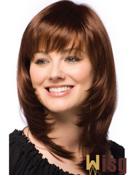 Fashionable Auburn Straight Shoulder Length Human Hair Wigs With Bangs