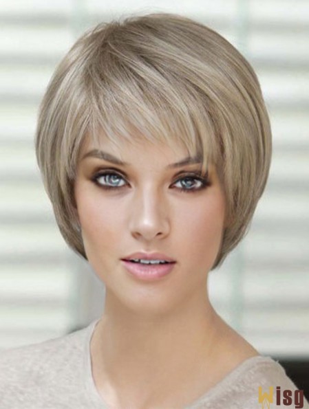 Blonde Short Straight With Bangs Monofilament Wigs