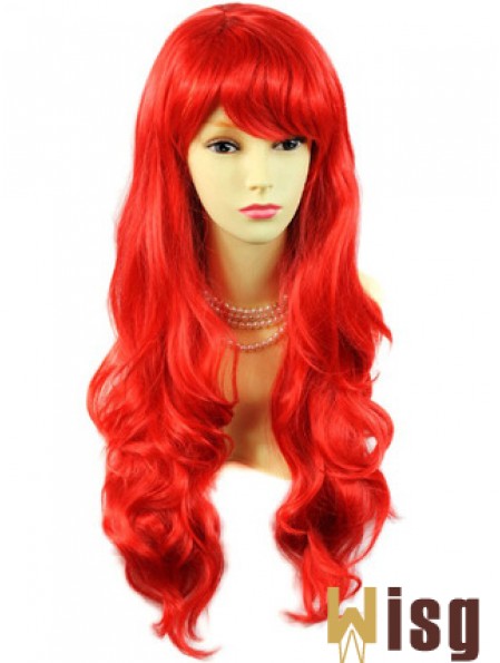 Hot Sale Human Hair Long Wavy With Bangs 24 Inches Red Wigs 