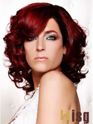 Curly With Bangs Shoulder Length Red Ideal Lace Front Wigs