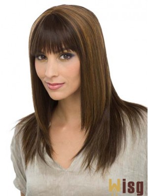 With Bangs Modern Straight Brown Long Human Hair Wigs