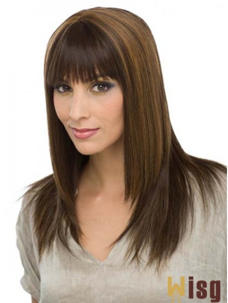 With Bangs Modern Straight Brown Long Human Hair Wigs