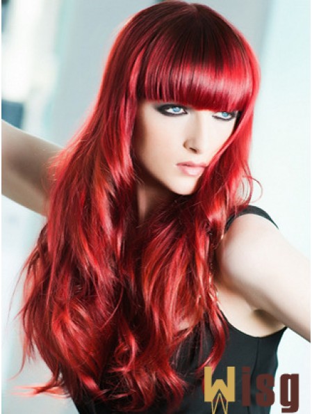 Capless Wavy 22 inch With Bangs Long Red Human Hair