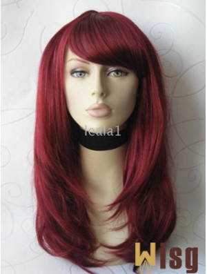 Front Lace Wig With Bangs Long Length Straight Style Red Color