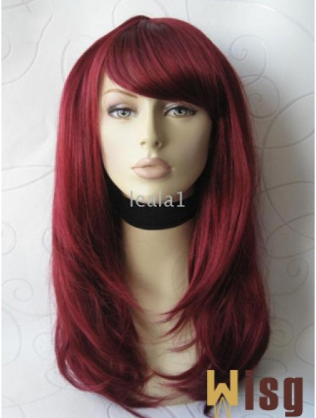 Front Lace Wig With Bangs Long Length Straight Style Red Color