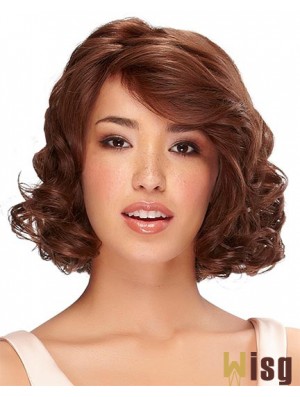 Chin Length Auburn Curly With Bangs Monofilament Wig Human