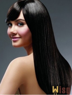 22 inch Black Long With Bangs Yaki Hairstyles Lace Wigs