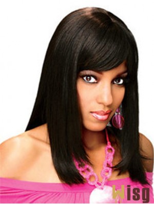 Full Human Hair Wigs With Bangs Full Lace Shoulder Length Black Color