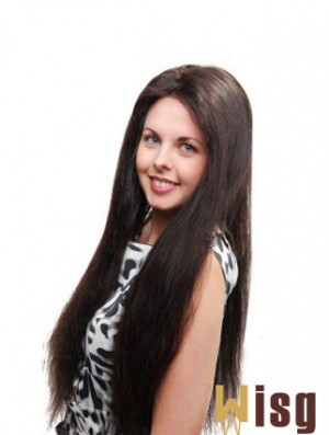 Straight Without Bangs 100% Hand-tied Sleek 26 inch Black Long Wigs