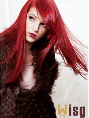 20 inch Straight Capless With Bangs Human Hair Long Red Wig