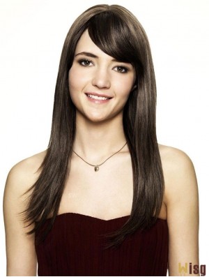 Brown Human Hair Wig Shoulder Length Straight Style With Bangs