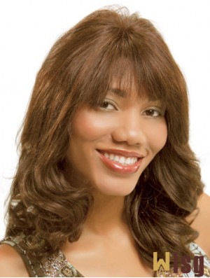 Wavy Monofilam Brown With Bangs Long Cheap Monofilament Wigs