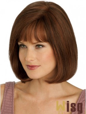 Real Hair Long Bob Wigs With Monofilament Straight Style Auburn Color