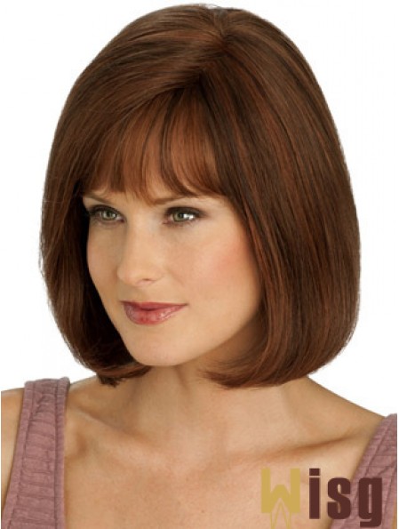 Real Hair Long Bob Wigs With Monofilament Straight Style Auburn Color