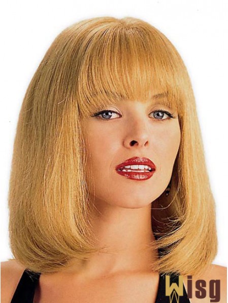 Human Hair Wig Blonde With Bangs Straight Style Shoulder Length