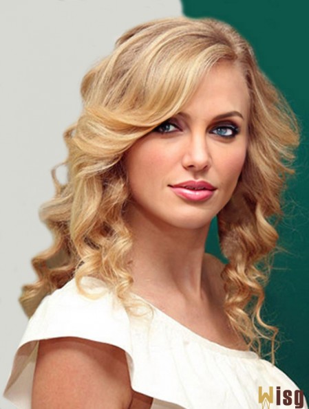 100% Hand-tied With Bangs Wavy Shoulder Length Blonde Suitable  Wigs