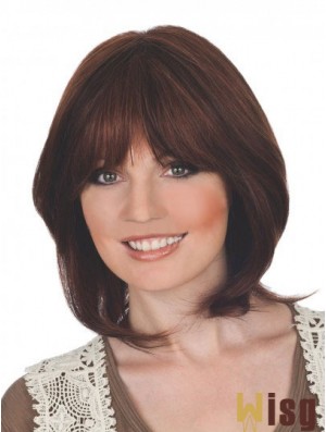 Suitable 12 inch Auburn Chin Length With Bangs Straight Lace Wigs