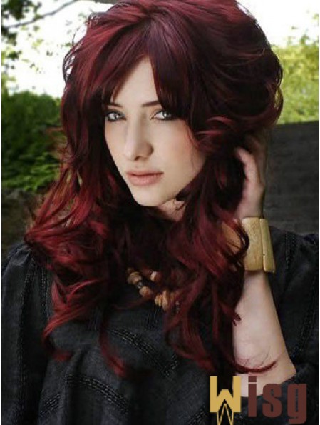 Lace Frontal With Bangs Long Length Red Color Wavy Style