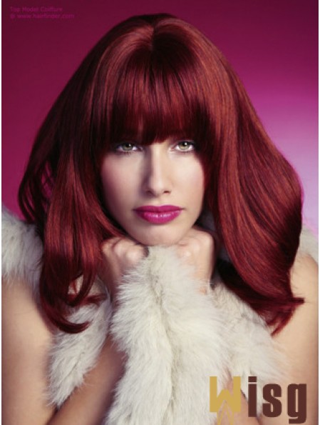 Straight With Bangs Shoulder Length Red Perfect Lace Front Wigs