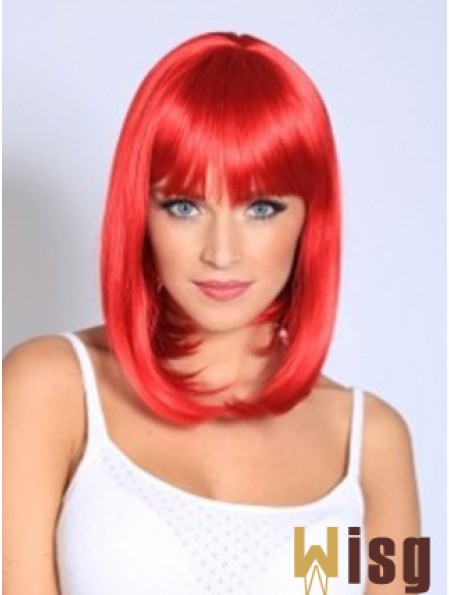 Straight With Bangs Shoulder Length Red Fashionable Lace Front Wigs