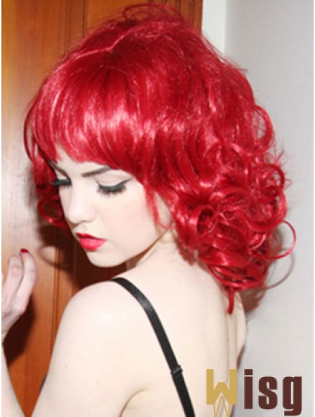 Curly With Bangs Shoulder Length Red Convenient Lace Front Wigs