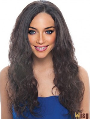 24 inch Black Long Without Bangs Wavy Discount Lace Wigs