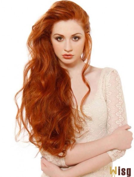 Without Bangs Long Copper Wavy 24 inch Soft Human Hair Beyaz Tenliler Wigs