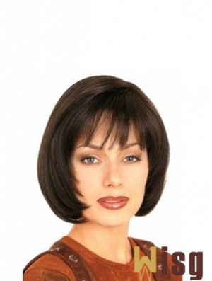 With Bangs Durable Straight Brown Chin Length Human Hair Wigs