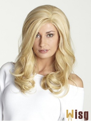 Without Bangs Long Blonde Wavy 18 inch Perfect Human Hair Wigs