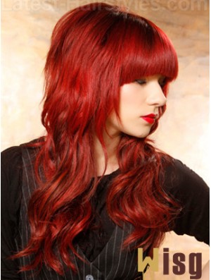 Human Hair Red Wigs Wavy Style Long Length With Bangs